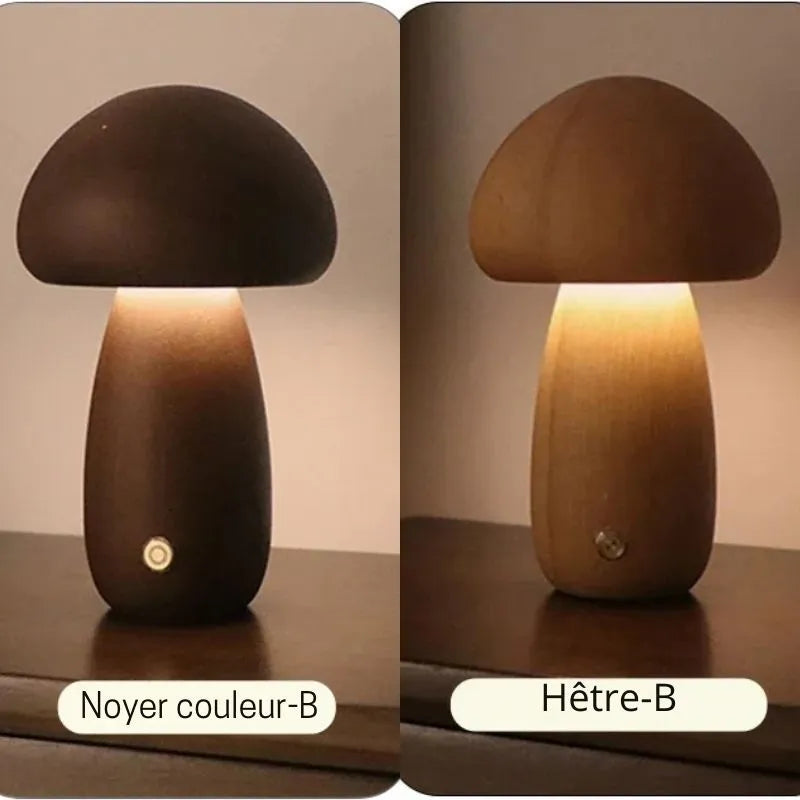 lampe champignon bois de hetre et noyer rechargeable